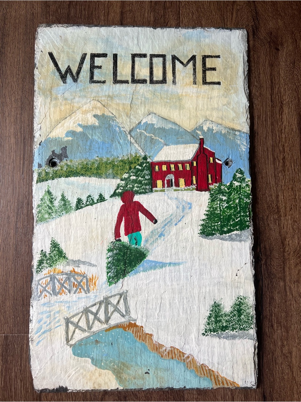 Vintage Style Hand Painted Folk Art Slate Plaque Welcome Sign Snowy Landscape